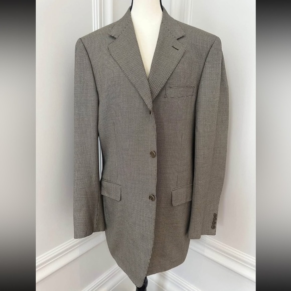 Canali Black & Beige Single Breasted Silk & Wool Houndstooth Blazer (Size 44L)